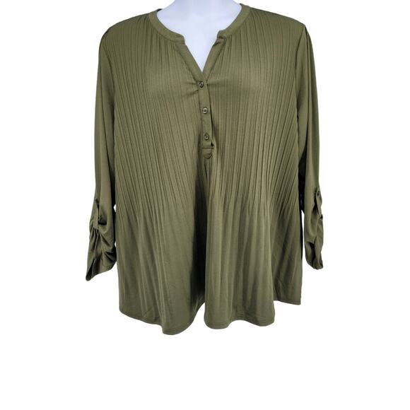 Kim Rogers‎ Olive Green Quarter Length Sleeves Pleated Henley Plus Size 2X Shirt - Picture 1 of 5